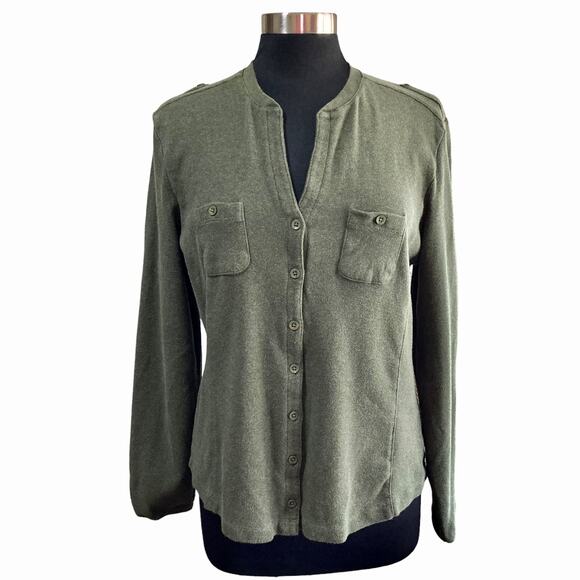 Orvis Olive Green Knit Cardigan Button Front Split V-Neck Size Large Fall Casual - Picture 1 of 8